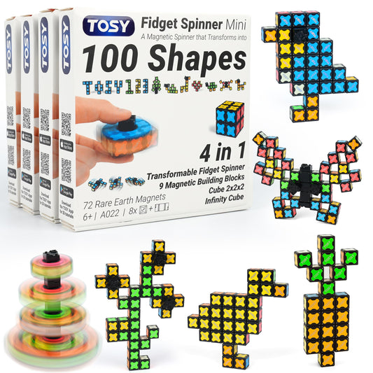 TOSY Magnet Fidget Spinner Mini - 8 Blocks, 3in1 Toy: Transformable Fidget Spinner, Infinity Cube, 2x2 Puzzle Cube, Easter Basket Stuffers Gift for Kids/Adult, STEM Sensory Stress Relief Toy, 4-Pack
