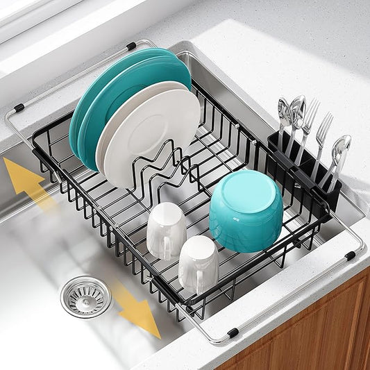 JASIWAY Black Expandable Stainless Steel Over The Sink Dish Drying Rack for Small Kitchen Counter Space Saving, Compact Plate Drainer Strainer, Adjustable Hanging Metal Dish Dryer with Utensil Holder