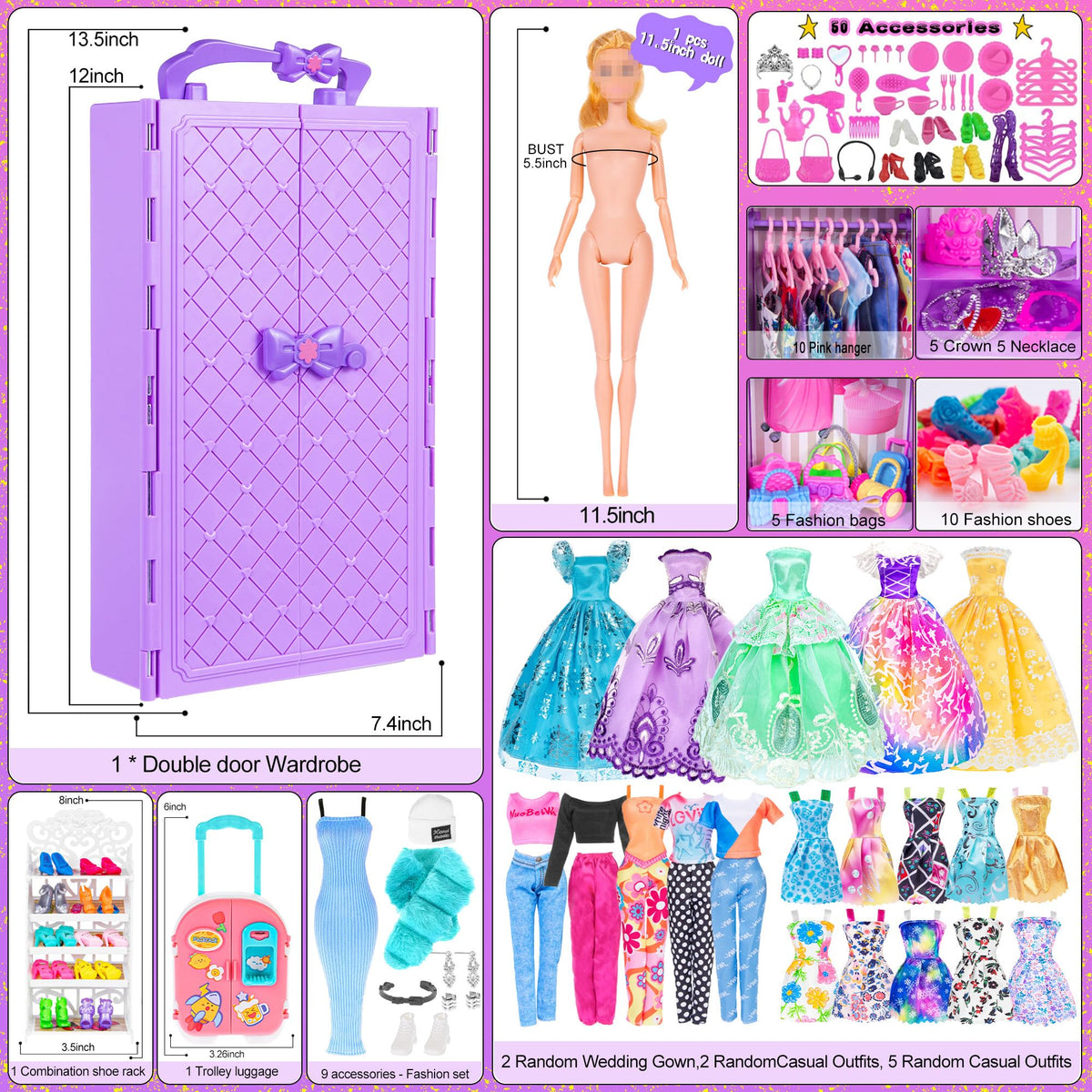 ebuddy 11.5 inch Doll Closet Playset with 106 pcs Clothes and Accessories for Girls 6-12 Including one Doll, Closet, Stylish Blue Set, Luggage, Shoe Rack, Wedding Gowns