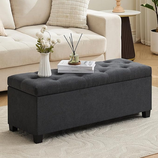 Mangodan 43 Inch Linen Storage Ottoman Bench, Foot Rest with Legs, End of Bed Bench, Storage Chest, Load up to 660 Lb, Ottoman with Storage Bench for Living Room, Bedroom, Entryway (Charcoal)