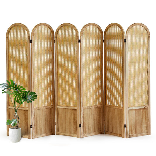 6 Panel Room Divider and Folding Privacy Screen, 5.6 Ft Foldable Double Hinged Rattan Partition, Hand-Woven Rattan Room Divider Portable Wood Freestanding Wall Divider for Room Separation - Natural