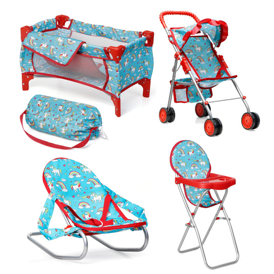 Fash n kolor® 4 Piece Doll Play Set, Doll Accessories Gift, Toy Set -Unicorn Design Includes, Doll Foldable Bed, Doll Stroller, Doll High Chair and Doll Seat, Dolls Gift Set (4 Piece Set)