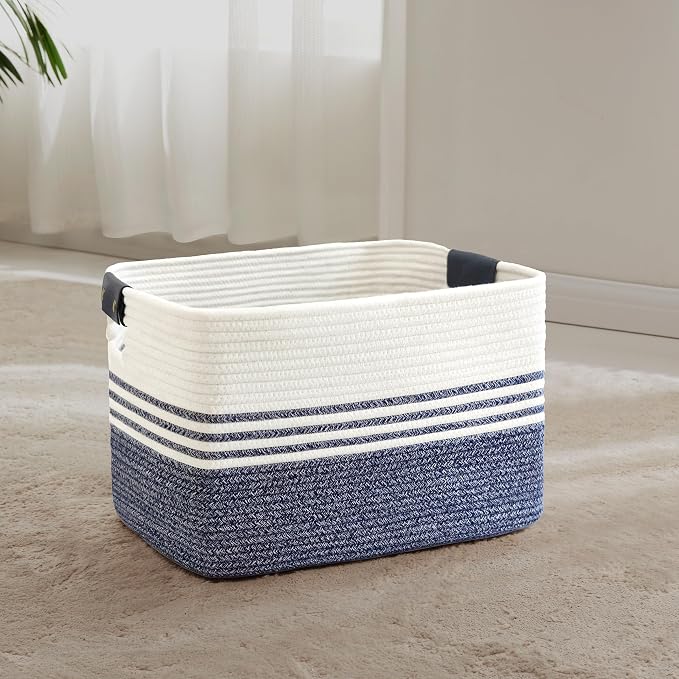 45L Small Laundry Basket with Leather Handles for Living Room Storage, Woven Rope Baskets Bin for Blanket, Kids Toy, Gifts, Wicker Hamper for Bedroom Dirty Clothes, 18"x14"x11" Denim Blue