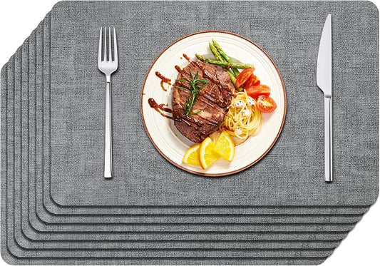 Maxpearl Faux Leather Placemats Set of 8 â Waterproof, Wipe Clean, Heat Resistant, Non-Slip Dining Table Mats for Indoor & Outdoor Use, 17âÃ12â, Grey