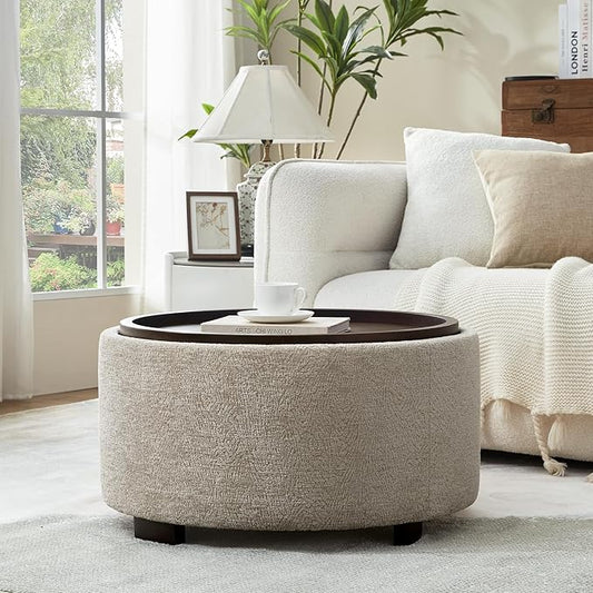Zihanhome 30 Inch Round Storage Ottoman, Ottoman Coffee Table with Lift Off Lid, Boucle Modern Ottomans with Storage for Living Room, Bedroom, Apartments (Light Brown Striped)