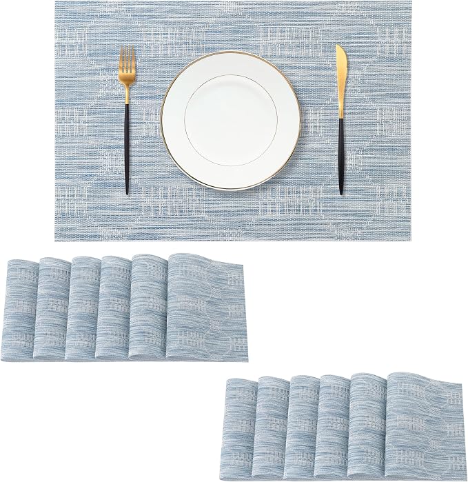 Leetaltree Jacquard Blue Placemats Set of 12 - Heat Resistant Non-Slip Place mats for Dining Table, Washable Durable PVC Vinyl Woven Table Matsï¼Jacquard Blue, 12ï¼