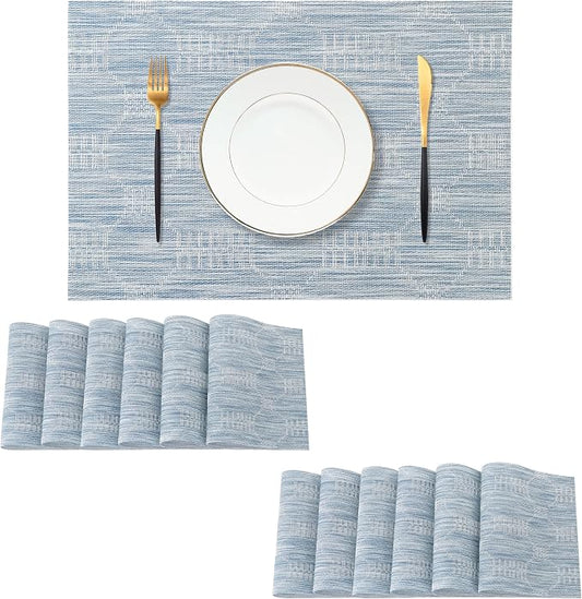 Leetaltree Jacquard Blue Placemats Set of 12 - Heat Resistant Non-Slip Place mats for Dining Table, Washable Durable PVC Vinyl Woven Table Matsï¼Jacquard Blue, 12ï¼