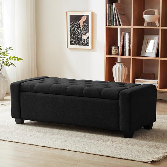 Huatean Home 48" Ottoman with Storage, Black Storage Ottoman Bench with Safety Hinge, Upholstered Entryway Bench with Seating for Bedroom, Living Room, Holds up to 330 lb