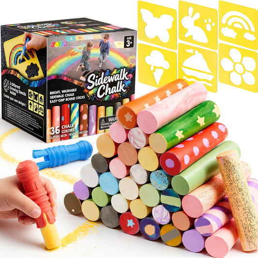 JOYIN 36PCS Washable Sidewalk Chalk Set for Kids - Glitter & Tie Dye Outdoor Chalk, Non-Toxic Colored Chalk with Mess-Free Holders & Drawing Stencils, Spring Easter Gifts for Toddlers