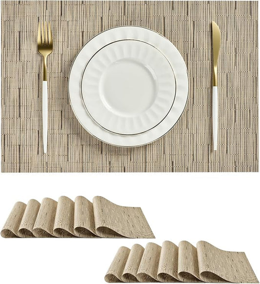 Leetaltree Light Brown Placemats Set of 12 - Heat Resistant Non-Slip Place mats for Dining Table, Washable Durable PVC Vinyl Woven Table Matsï¼Light Brown, 12ï¼