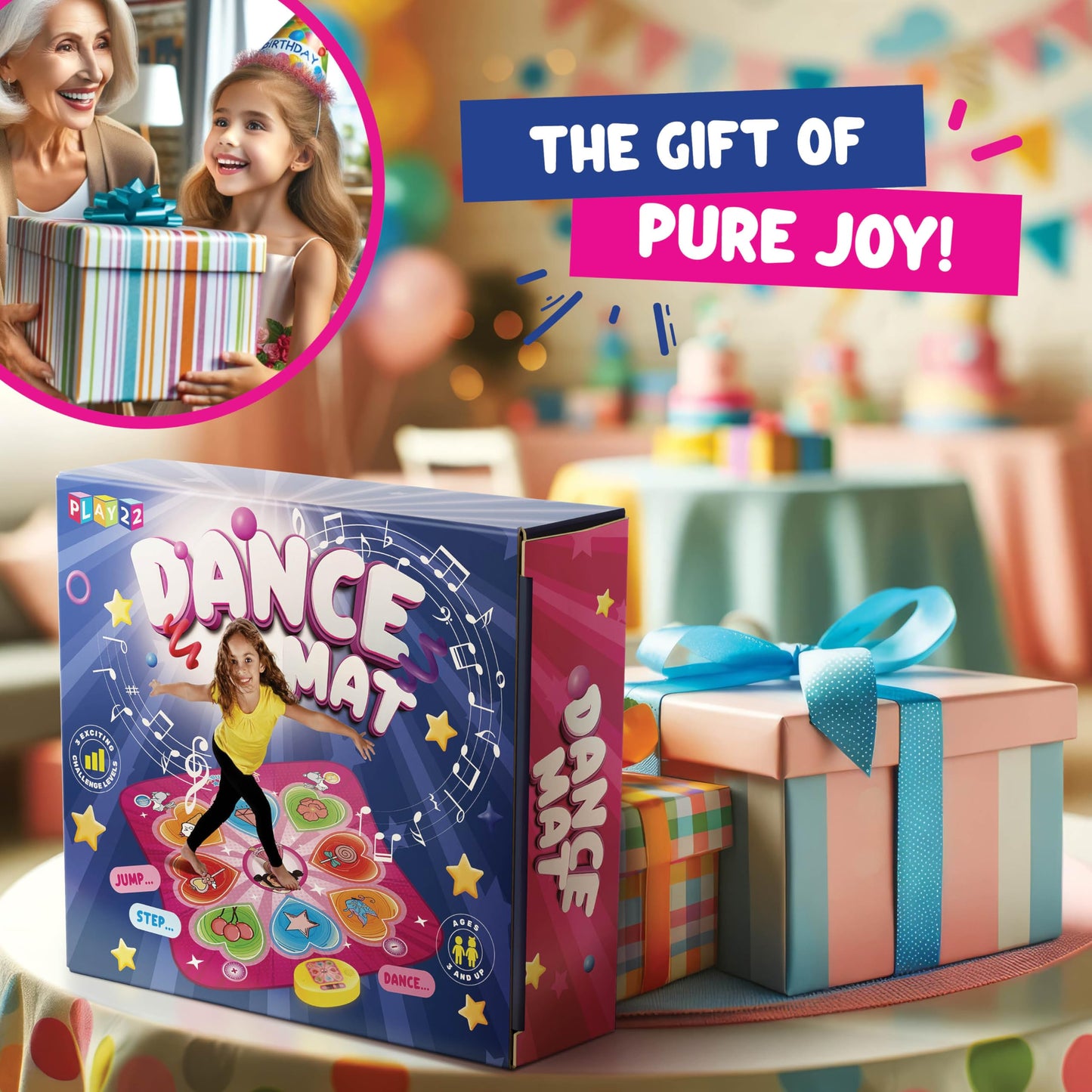 Play22 Dance Mat for Kids - Best Birthday Gifts for Girls & Boys Electronic Dance Game Toy for Kids, Adjustable Volume, 5 Levels - Dance Pad with LED Lights & Built-in Music for Ages 3-12 Years Old
