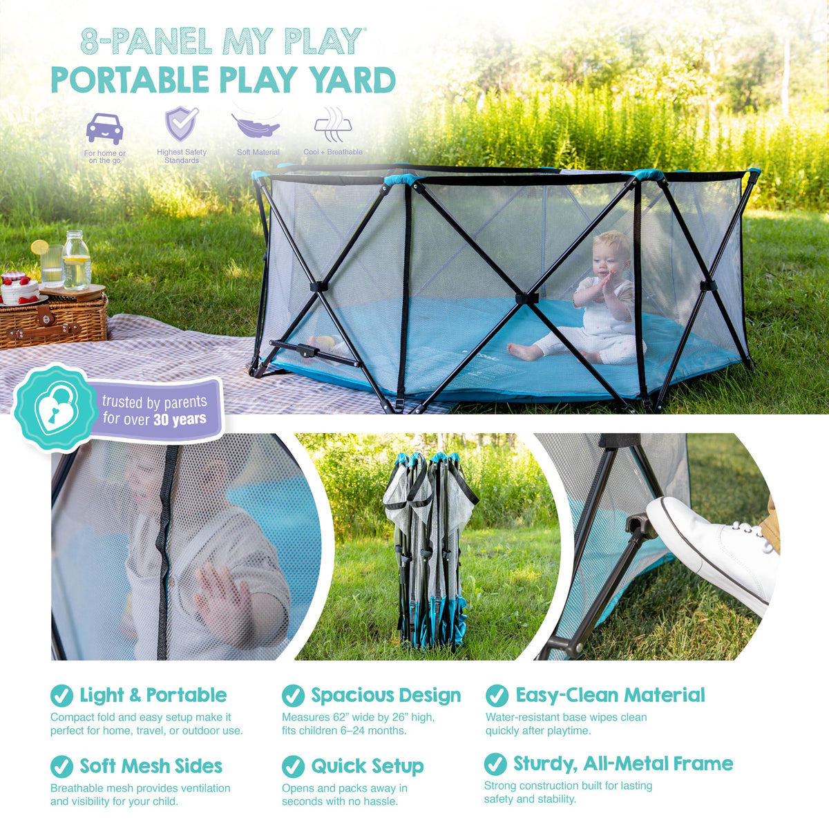 Regalo Safety My Play Deluxe Extra Large Baby Playpen & Portable Play Yard, Foldable 8-Panel Indoor Outdoor Playpen for Babies & Toddlers, Mesh Sides, Washable Nylon Bottom, 62", Aqua/Black