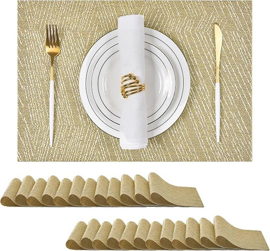 Leetaltree Gold Placemats Set of 24 - Heat Resistant Non-Slip Place mats for Dining Table, Washable Durable PVC Vinyl Woven Table Mats(Luxury Gold, 24)