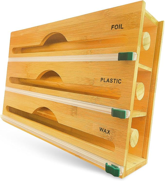 3-in-1 Bamboo Wrap Organizer with Cutters, Labels, Interior Holders, Anti-Slip Pads - Kitchen Drawer, Pantry, Storage for Plastic Wrap, Aluminum Foil, Wax Paper, Kitchen Storage, 12" Roll Holder
