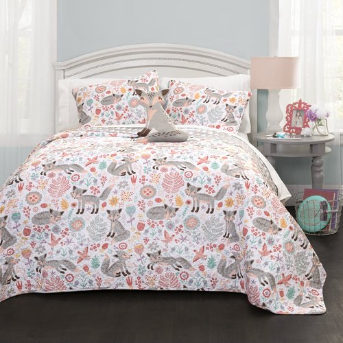 Lush Decor Pixie Fox Reversible Quilt Set, 3 Piece Set, Twin, Gray & Pink - Fun Lightweight Twin Bedding for Kids - Girls Pink Bedroom Decor