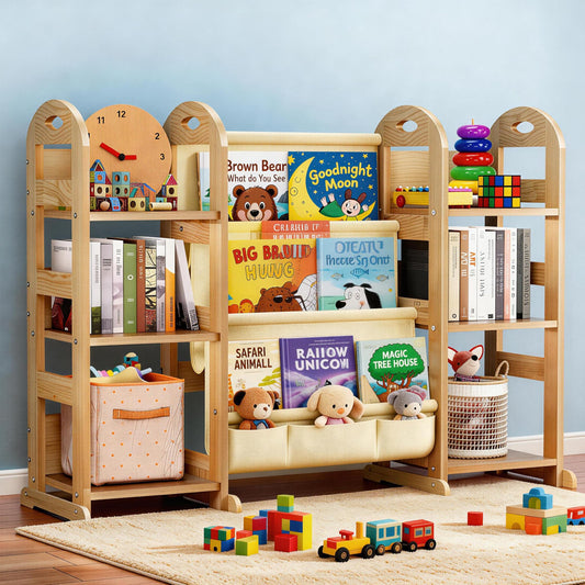 TWINDLE Kids Bookshelf and Toy Storage Organizer, Large 3 Tier Wooden Kids Book Shelf with Sling Book Rack for Kids Room, Nursery, Playroom