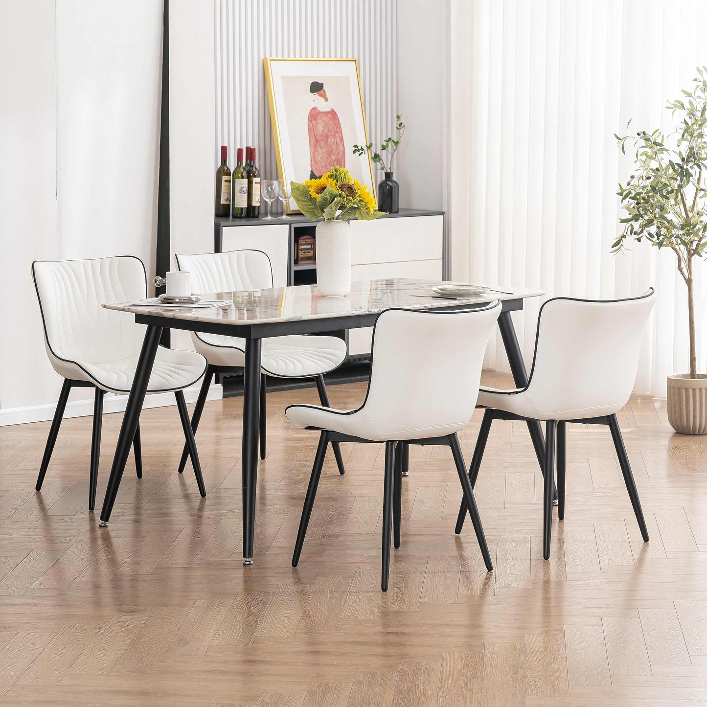 YOUTASTE Dining Chairs Set of 2, Mid Century Modern Upholstered Faux Leather Kitchen Room Chairs, with Black Metal Legs, Armless Accent Chair for Living Room, Bedroom, Vanity, White