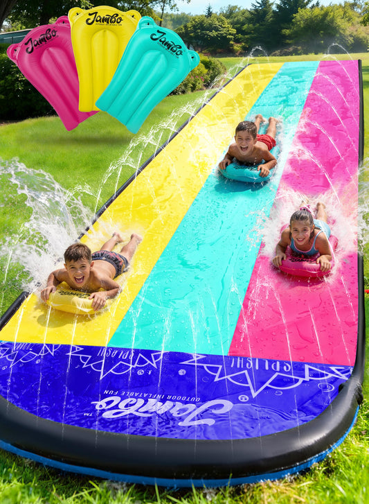 JAMBO XL 20Ft Summer Vibes Premium Slip and Slide with 3 Bodyboards, Heavy Duty Water Slide- Advanced 3-Way Water Sprinkler System, Backyard Waterslide Outdoor Water Toys n Slides for Kids