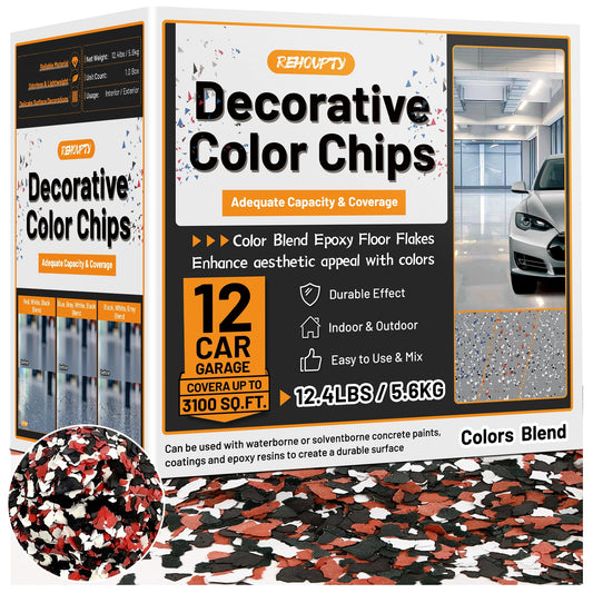 Blend Decorative Color Chips, 3-5MM Epoxy Floor Flakes Chips - Stone Carpet Epoxy Flooring Paint Chips for Garage Floors Walls Interior & Exterior House Painting (Red, White, Black, 12.4lbs)