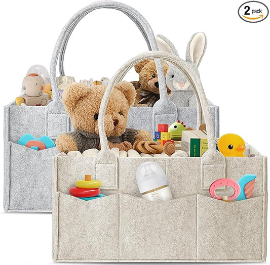 HIPHOP PANDA 2-Pack Diaper Caddy Organizer - Newborn Essentials Baby Registry Must Haves - Sturdy Nursery Storage Bin & Portable Car Caddy for Diapers & Wipes - Grey/Oatmeal Gift Set