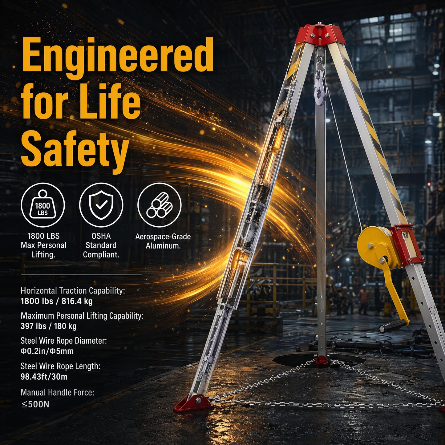 Confined Space Tripod 1800lbs Rescue Tripod Kit with 98.43ft Steel Wire Rope Fall Protection Equipment Aluminium Alloy Adjustable Height 4.40-7.1FT Lifting Winch Safety Equipment