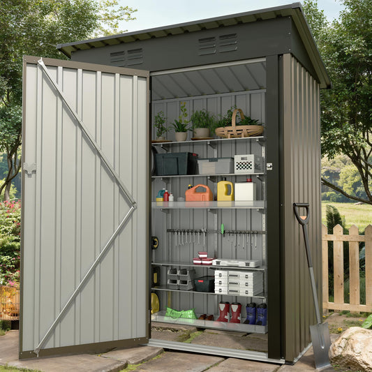 5x3FT Metal Storage Shed with Sloped Roof, Lockable Doors, Solar Light, Windows, and Vents, Outdoor Storage Sheds for Garden, Backyard, Patio Tools and Equipment
