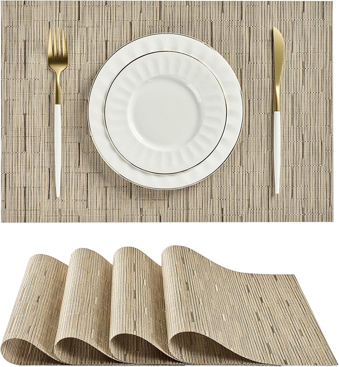 Leetaltree Light Brown Placemats Set of 4 - Heat Resistant Non-Slip Place mats for Dining Table, Washable Durable PVC Vinyl Woven Table Matsï¼Light Brown, 4ï¼