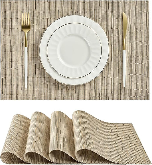 Leetaltree Light Brown Placemats Set of 4 - Heat Resistant Non-Slip Place mats for Dining Table, Washable Durable PVC Vinyl Woven Table Matsï¼Light Brown, 4ï¼