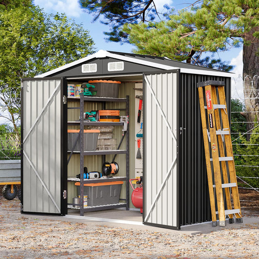 Breezestival 6x4FT Outdoor Storage Shed, Metal Garden Tool Shed with Sloping Roof & Lockable Door for Patio Lawn Backyard (Black, 6x4FT)