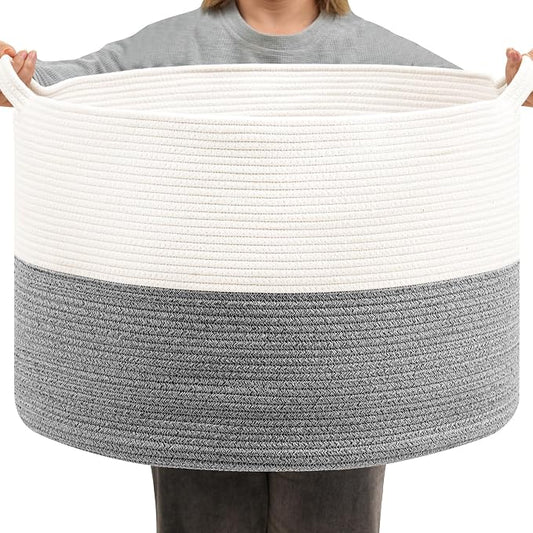 Foldable Laundry Hamper Basket with Collapsible Handle Cotton Rope Soft Woven Fabric Storage Organizer Clothes Toys Nursery Bedroom Dorm Space Saving Bin (White & Light Grey, 65L(19.7"D x 12.6"H))