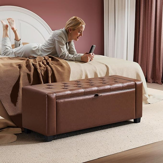 GRAINELL Storage Ottoman Bench, Upholstered Tufted Bedroom Bench with Storage, End of Bed Storage Bench for Living Room & Entryway, 350 lb Capacity, Leather Brown
