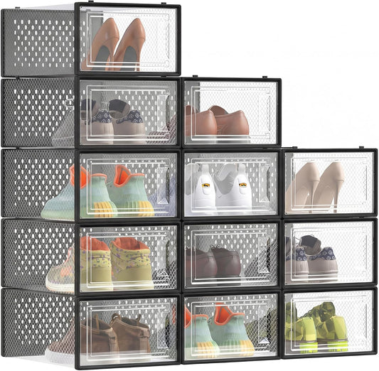 SONGMICS Shoe Storage Organizers - Pack of 12 Stackable Clear Plastic Boxes for Sneakers | 13.1 x 9.1 x 5.6 Inches, Transparent & Black