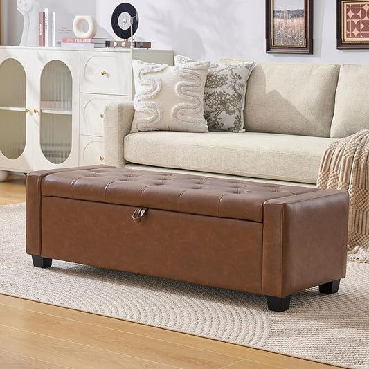 Huatean Home 48" Ottoman with Storage, Storage Ottoman Bench with Safety Hinge, Upholstered Entryway Bench with Seating for Bedroom, Living Room, Holds up to 330 lb, Brown