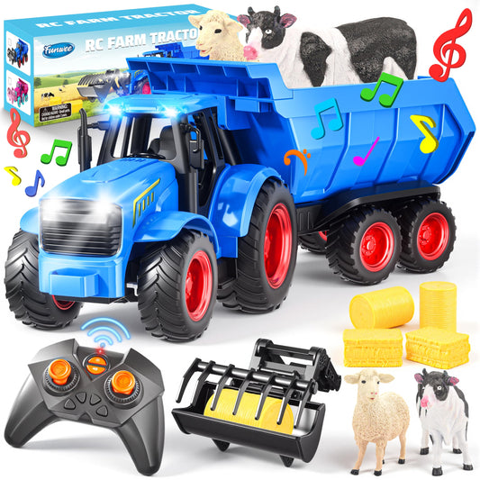 Funwee RC Tractor Toy Set with Light & Sound, Kids Farm Car Animal Trailer Wheels Remote Truck, Outdoor Vehicle Toys for 3-7+ Years Old Toddler Boy and Girl Gift(Blue)