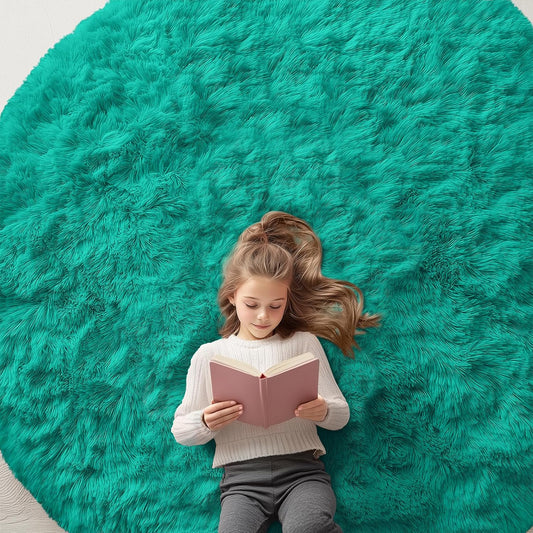 OLANLY Teal Green Round Area Rug - Soft, Fluffy, Machine Washable 7 ft Circle Carpet for Bedroom & Living Room