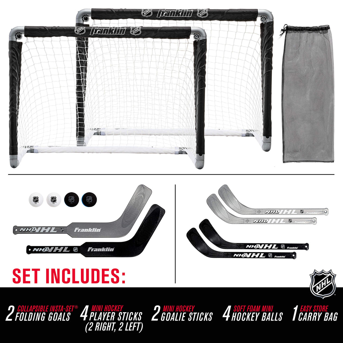 Franklin Sports NHL Mini Hockey Goal Set of 2 - Black - Includes Mini Hockey Goals, 4 Sticks, 2 Goalie Sticks, and 4 Foam Balls