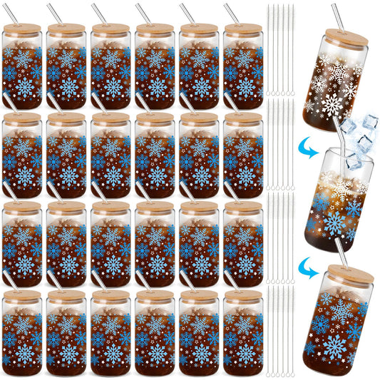 Yetene 24 Pack Snowflake Glass Cups Gifts 16 oz Color Changing Winter Glass Tumblers with Lids Straws Brushes Snowflake Lights Iced Coffee Cups for Women Men Employee Coworkers Holiday Party Favors