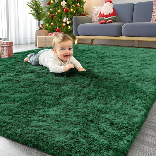 OLANLY Area Rugs - Soft Fluffy Shaggy Indoor Carpet for Living Room & Bedroom | 4x5.9 ft Dark Green