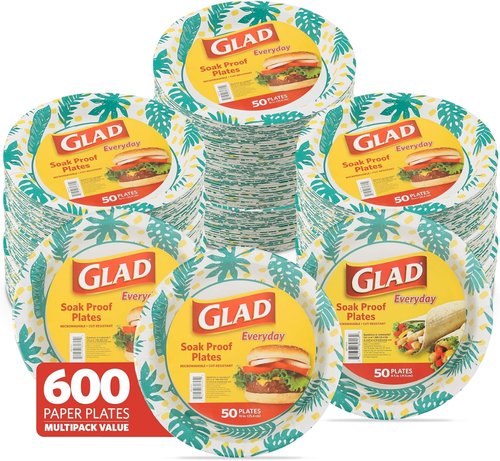 Glad Round Disposable Paper Plates - Soak Proof & Cut Resistant, 10 Inch, Palm Leaves Pattern, 50 Count | Perfect for Parties & Picnics