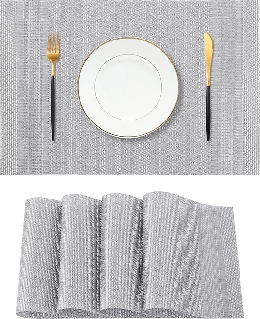 Leetaltree Lunar Grey Placemats Set of 4 - Heat Resistant Non-Slip Place mats for Dining Table, Washable Durable PVC Vinyl Woven Table Matsï¼Lunar Grey, 4ï¼
