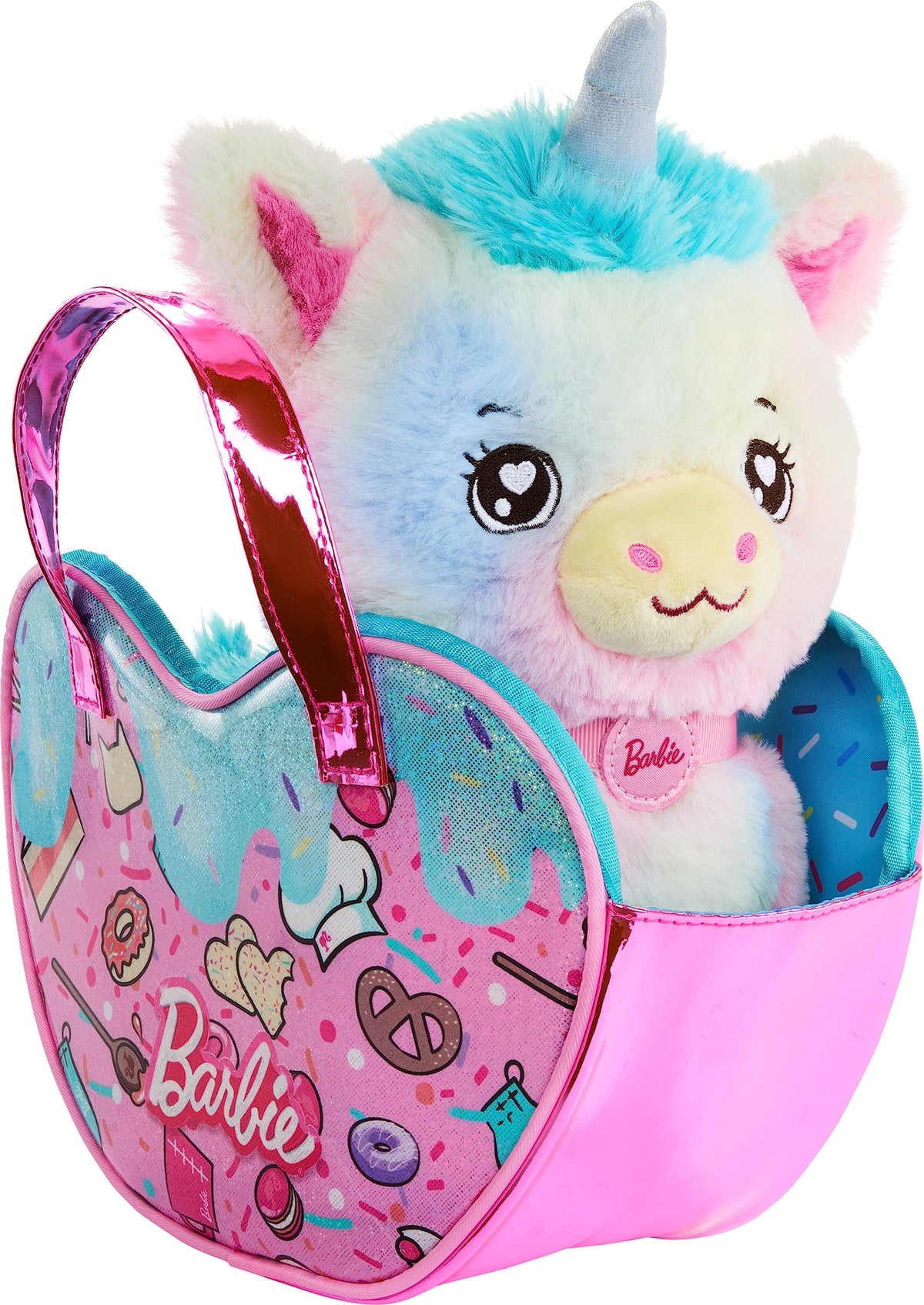 Barbie Stuffed Animals, Unicorn Toys, Plush Unicorn with Dessert-Themed Purse Playset and 5 Accessories, Chef Pet Adventure