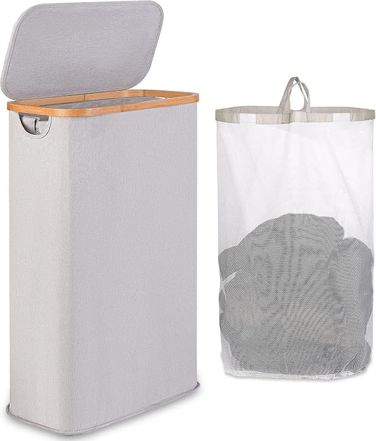 65L Slim Laundry Hamper, Narrow Laundry Basket with Lid,Foldable Clothes Hamper with Bamboo Handles,Hamper Basket with Removable Inner Bag for Laundry Room Bedroom College Dorm,17.17 Gals（Light Grey）