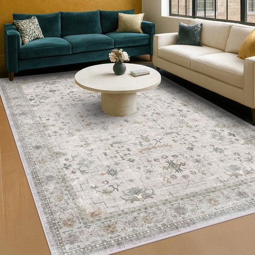 Hazo Haus Boho Light Grey Living Room Rug - Modern Vintage Floral Design, 6x8, Washable Non-Slip Area Rug