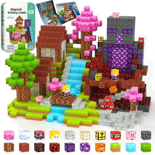 iLacven Magnetic Blocks Travel Magnetic Building Blocks Cubes - 150 PCS Tin Box Magnet Toys Set STEM Educational for Kids Ages 4-8 6-8 8-12 Year Old Boys Girls Gifts Birthday Christmas