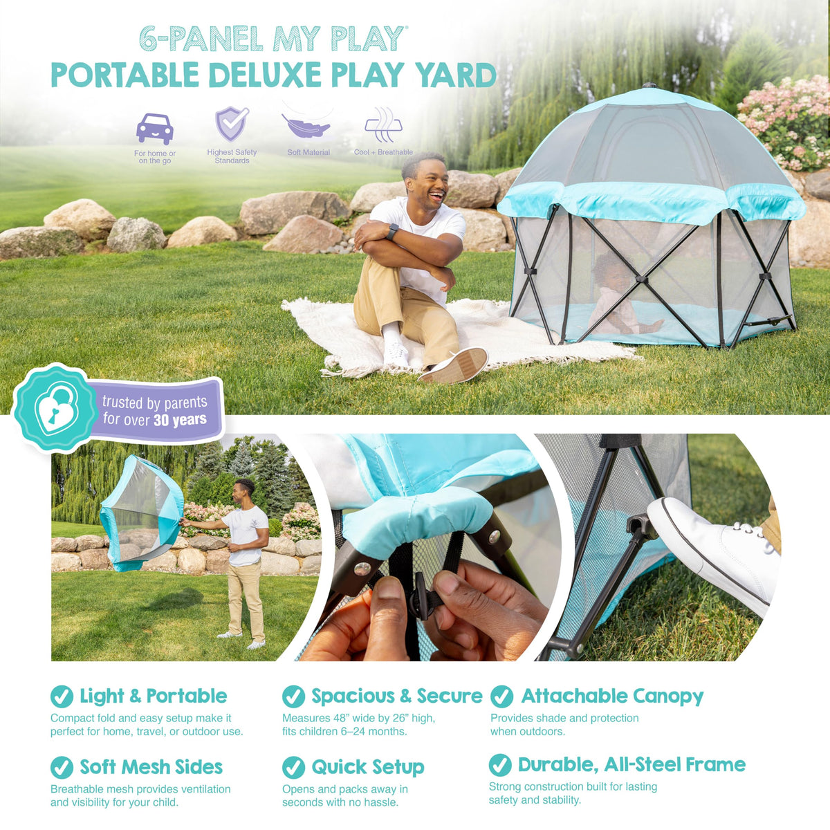 Regalo Safety My Play Deluxe Baby Playpen & Portable Play Yard with Canopy, Foldable 6-Panel Indoor Outdoor Playpen for Babies & Toddlers, Mesh Sides, Washable Nylon Bottom, 48", Aqua/Black