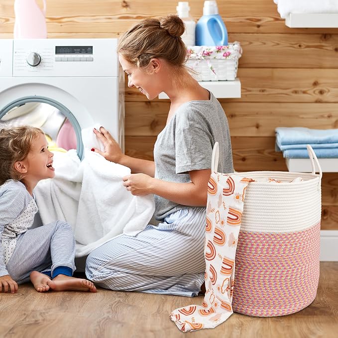 XUANGUO Cotton Rope Laundry Basket Hamper for Clothes Woven Storage Basket for Living Room Bedroom Boho Tall Rope Baskets for Blanket Toys Pillow Towels Baby Nursery Hamper Bin Large (multicolor)