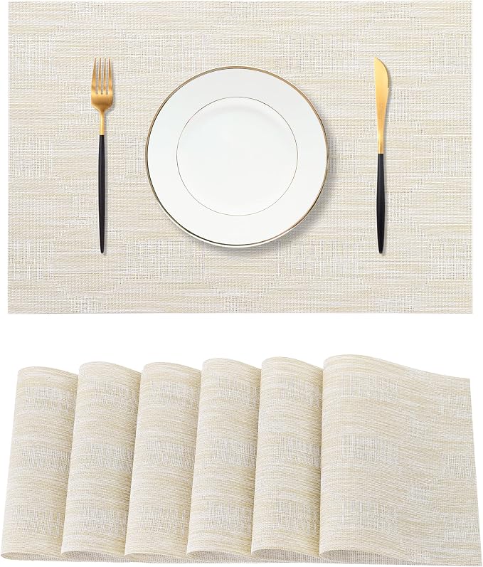 Leetaltree Wheat Placemats Set of 6 - Heat Resistant Non-Slip Place mats for Dining Table, Washable Durable PVC Vinyl Woven Table Matsï¼Wheat, 6ï¼