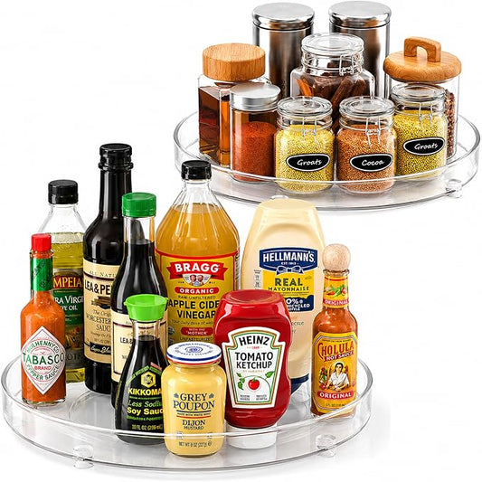 Oizeir Lazy Susan Organizer for Cabinet, 9 Inch Clear Acrylic Turntable – Rotating Spice Rack, Pantry, Fridge & Countertop Organizer, Smooth Spinning, Space-Saving Kitchen Storage (2 Pack)
