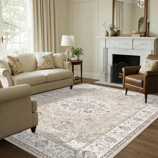 Skiennix 6x9 Area Rug - Farmhouse Washable Ultra Soft Carpet | Stain Resistant & Non-Slip Beige Rug for Living Room, Bedroom, and Dining Room