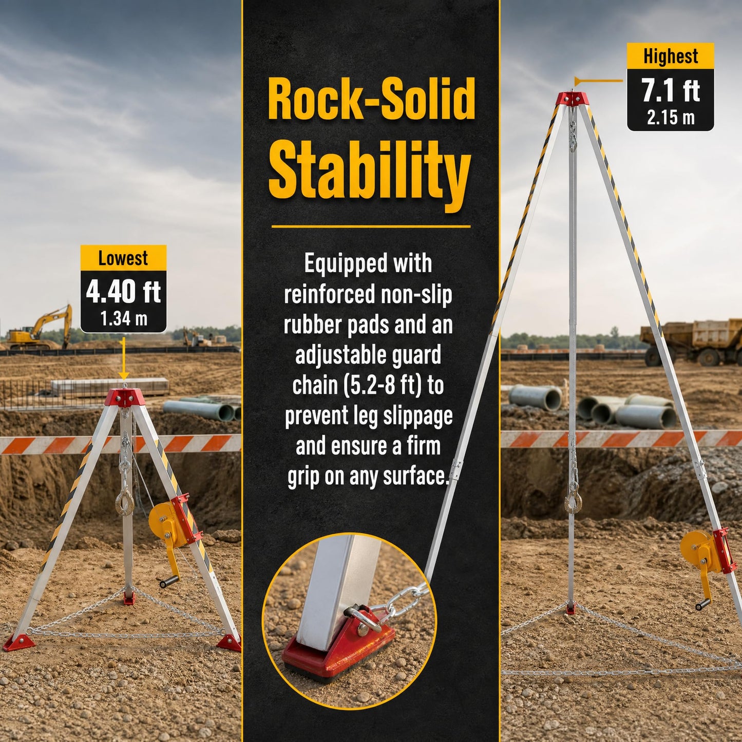 Lifting Winch Tripod Kit 1800lbs Confined Space Tripod Fall Protection Equipment 30m Steel Wire Rope Adjustable Height 4.40-7.1FT Safety Equipment Rescue Tripod Stand System